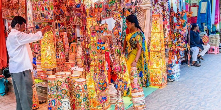 View of vibrant handicrafts on a shop in Gopi Talav signifying the rich cultural heritage