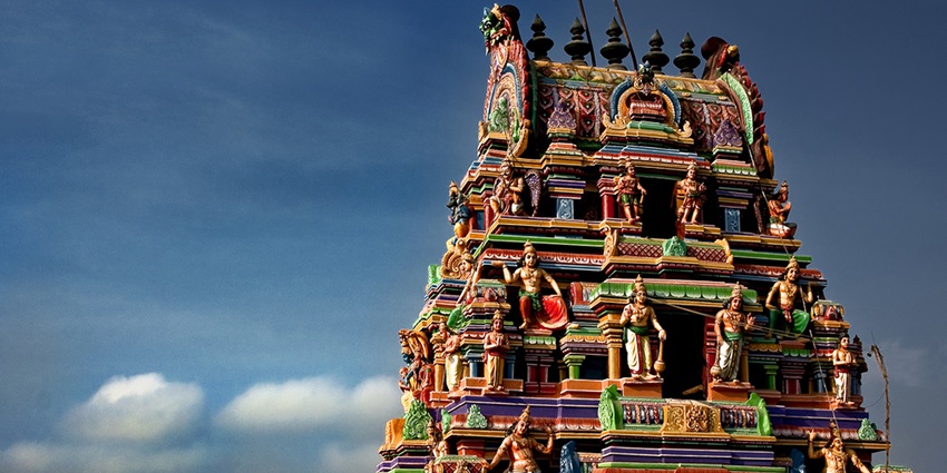 Panoramic snap of the beautiful and colourful Gopuram of a Hinud Temle in Puttaparthi