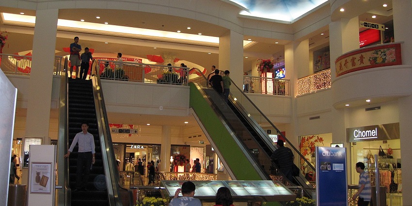 The bustling food court at Great world city, with a variety of international cuisines and local delicacies