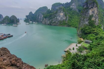 A bird’s eye view of the majestic peaks surrounding the shimmering waters in Vietnam.