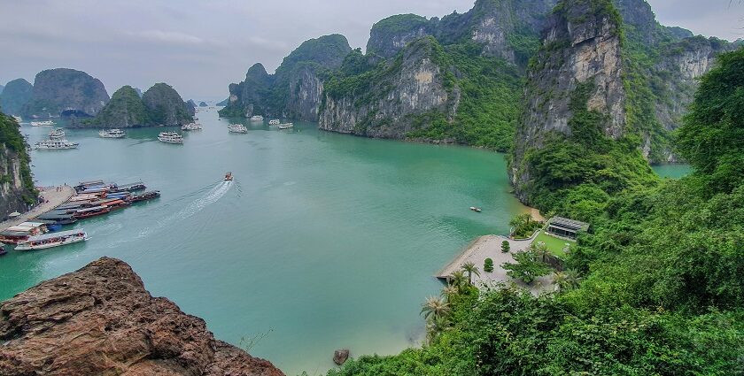 A bird’s eye view of the majestic peaks surrounding the shimmering waters in Vietnam.