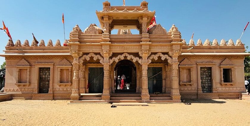 A view of Shri Hanuman Temple in Dabri, an old Hanuman temple in Rajasthan with a traditional design.