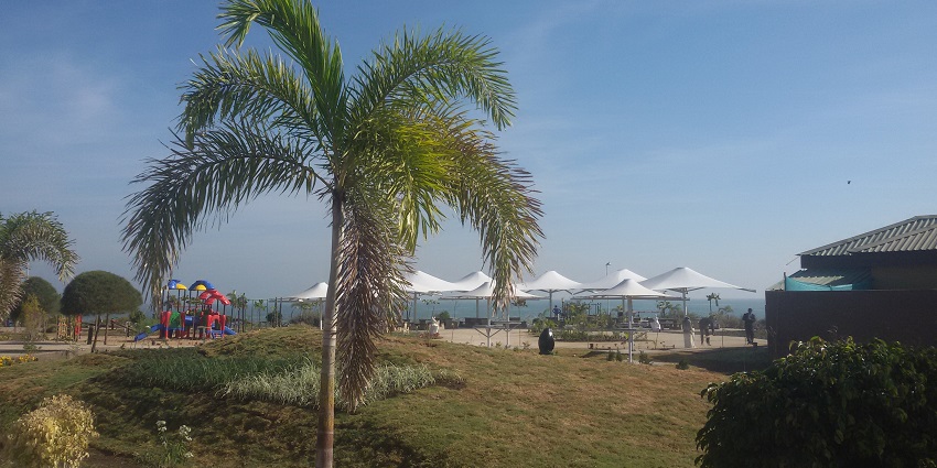 A scenic park with palm trees, white canopies, a playground, and a view of the water
