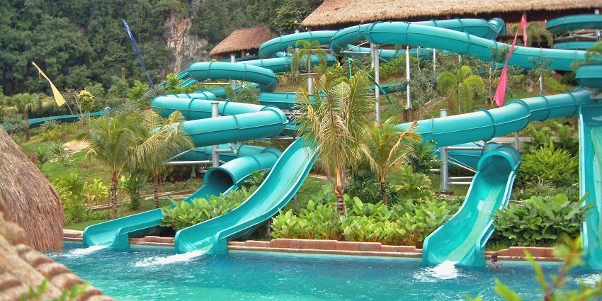 View inside the amusement park, the swimming pool and water slides