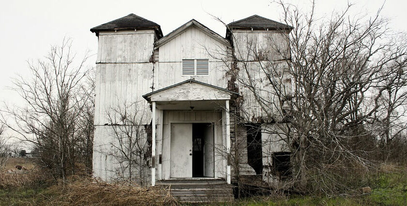 A glimpse of a desolate house standing on a barren land surrounded by dried trees.