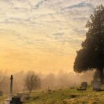 A glimpse of a cemetery under cloudy skies covered with graves and lush green trees.