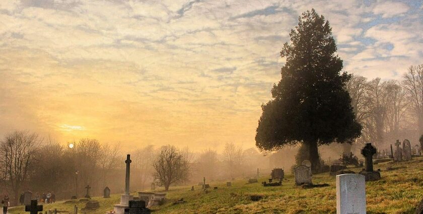 A glimpse of a cemetery under cloudy skies covered with graves and lush green trees.