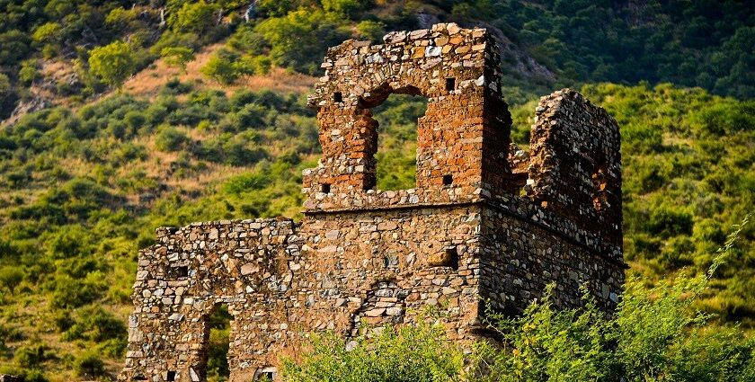 A glimpse of the iconic Bhnagarh Fort in Rajasthan surrounded by lush green vegetation.