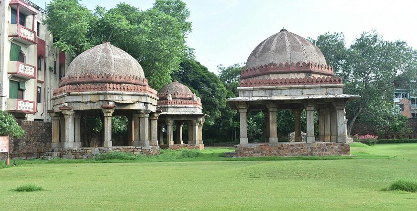 A glimpse of sprawling lush green gardens decked with parts of ancient forts in Delhi.