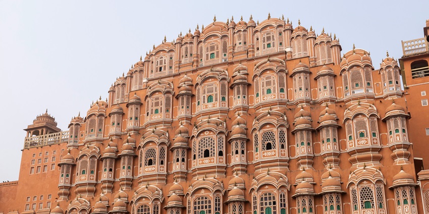 The iconic Hawa Mahal is Jaipur's five-story gem with 953 intricately carved windows.