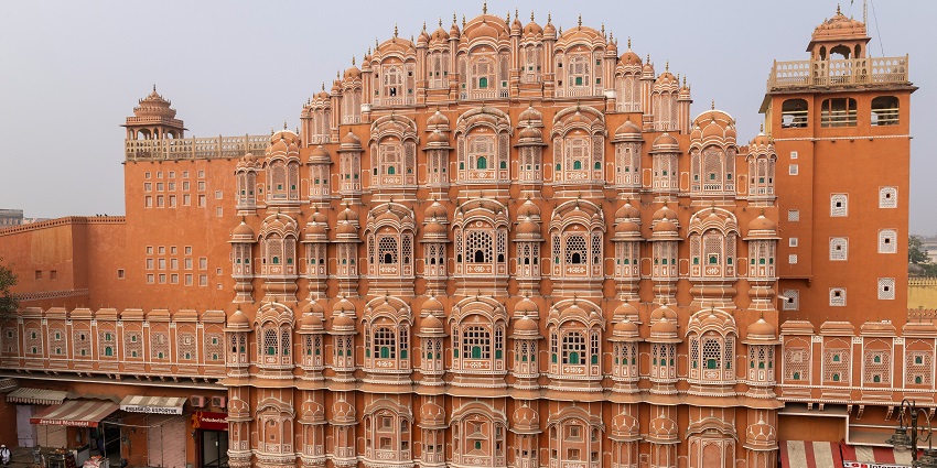 A view of the towering Hawa Mahal showcasing its grand structure and historical charm.