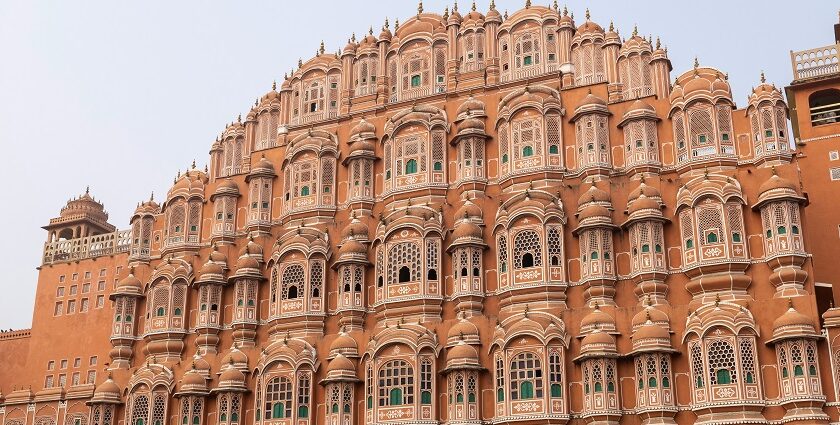 A breathtaking vista of the magnificent Hawa Mahal standing elegantly in Jaipur.