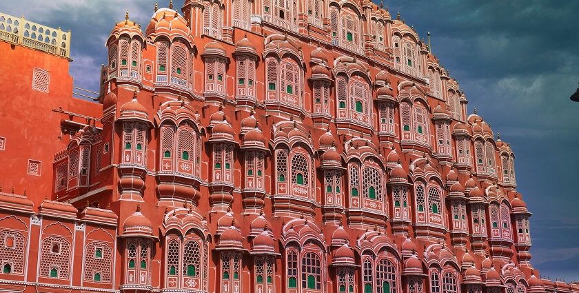 A glimpse of the famous tourist attraction of Jaipur made of red and white sandstone.