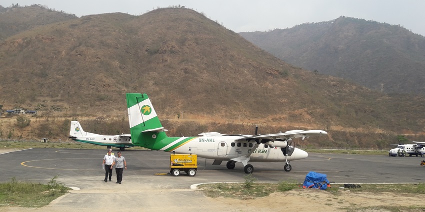 A picture of an aircraft halting at an airport on the way to the Everest Base Camp