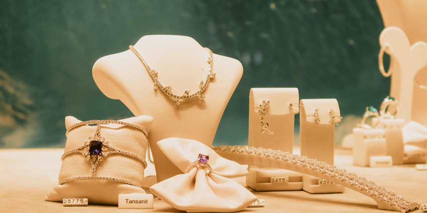Outside view of a jewellery shop with display of modern jewellery for shopping in Krabi.