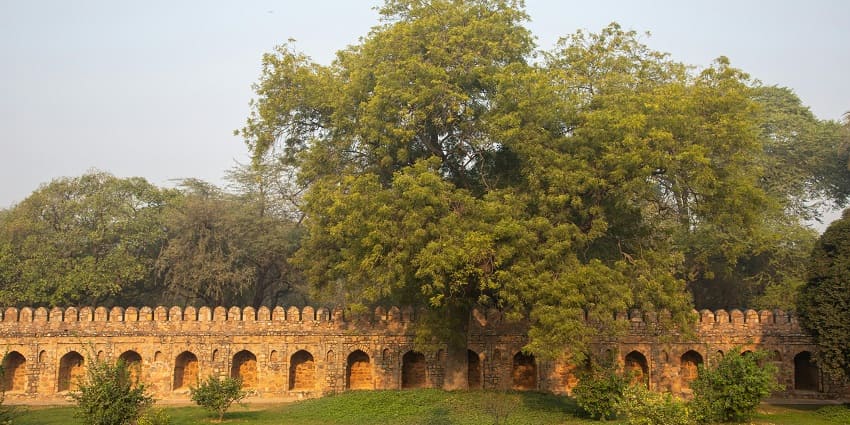 A picture of the long wall of a fort in Ludhiana taken from across the street