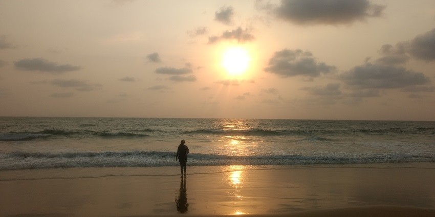 Panoramic view of the coastline of beaches near Belgaum, Honnavar Beach. The Beach boasts immaculate sand, and pristine waves at the sunset.