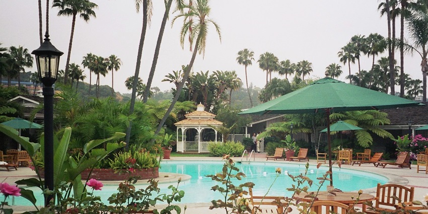 A picture of a resting area at the Hotel Cross Lane with a swimming pool and flowers