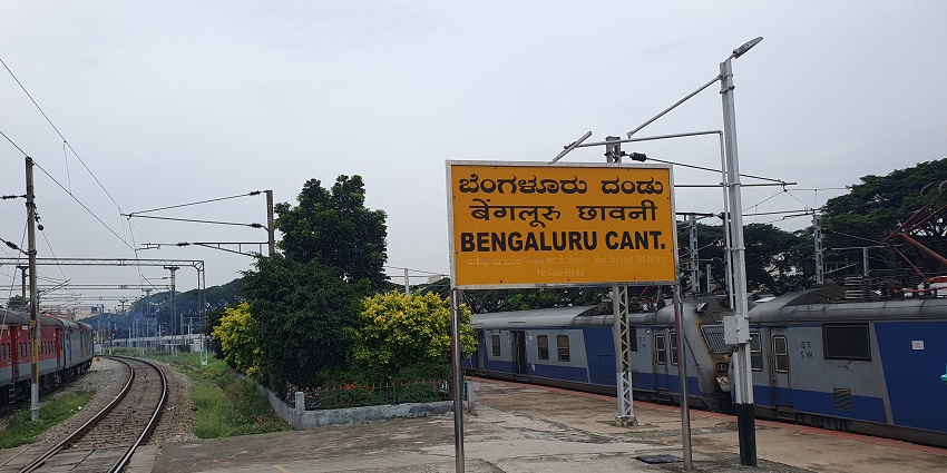 A frontal view of the Bangalore Cantonment Railway Station which is the closest.