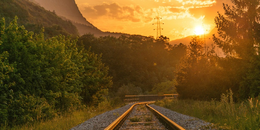 A mesmerising view of a railway track surrounded by lush greenery during the daytime.