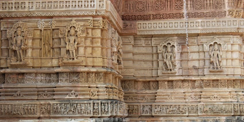 Close up view of the walls of Shamlaji temple, showcasing intricate carvings