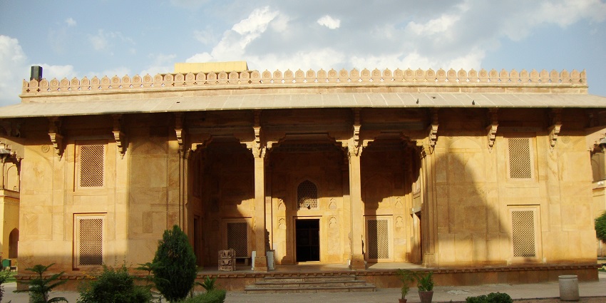 Wide angle view of the a pathway leading to a hall of Akbar fort Ajmer