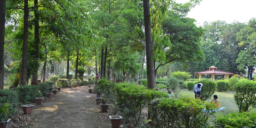 Serene view of Bodhgaya with scattered trees and traditional architecture in the garden