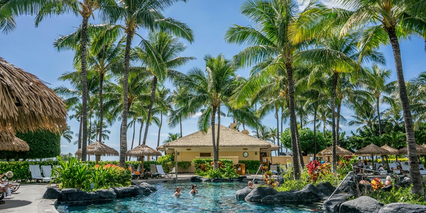 A panoramic view of an exotic resort with coconut trees beside it and a beautiful clear sky.