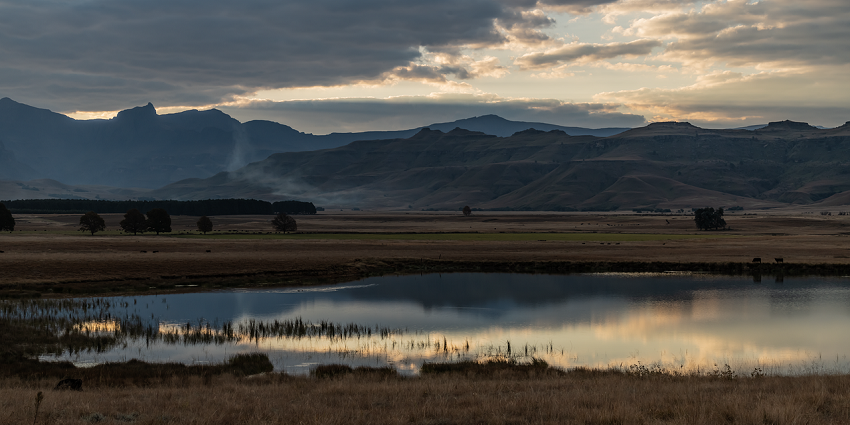 Picturesque view a serene lake surrounded by golden meadows