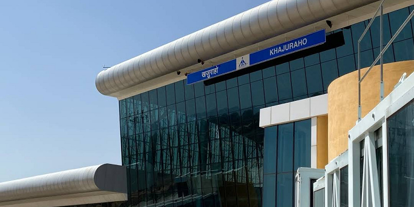 View of Khajuraho Airport, a way to reach Maihar Temple, highlighting its terminal building.