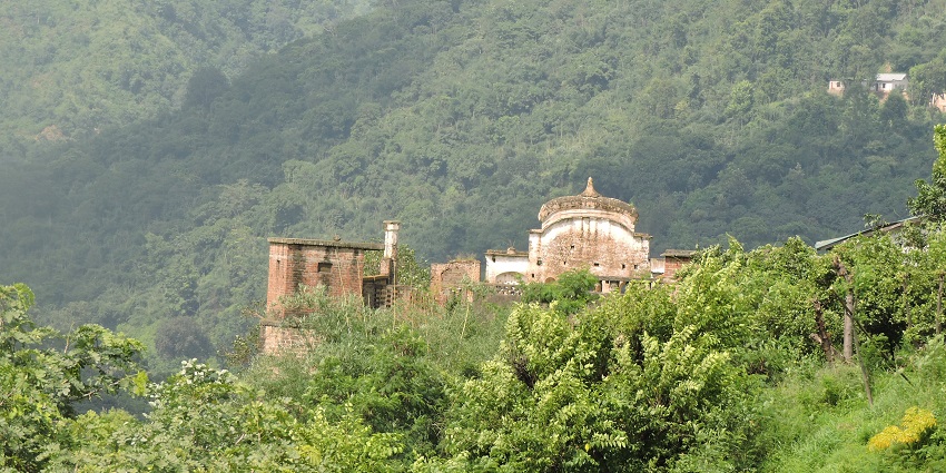 Distant view of the fort's top, surrounded by lush trees on all sides