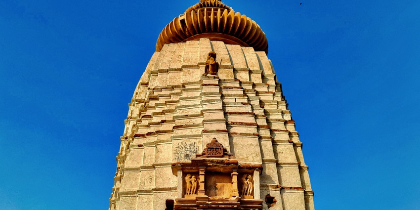A close up image of the spire of the Parvati Temple, showcasing the detailed architecture.