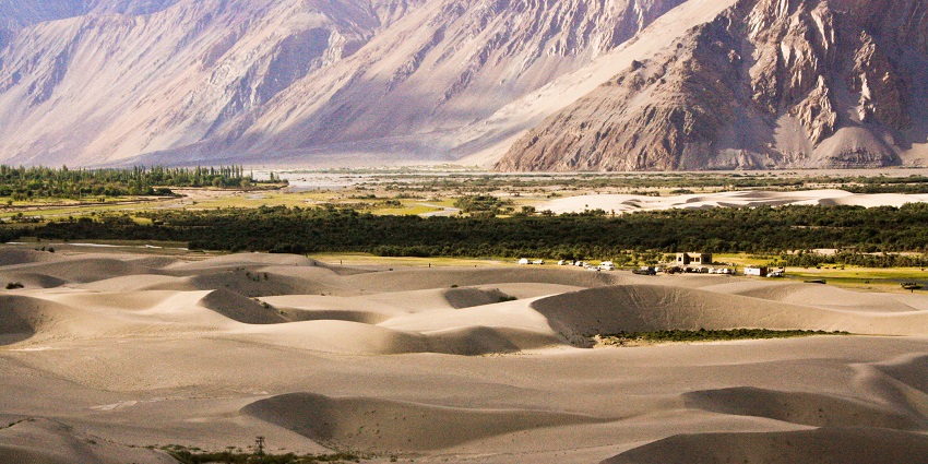 majestic view of the dry desert at the Nubra hills of the Himalaya in ladakh valley