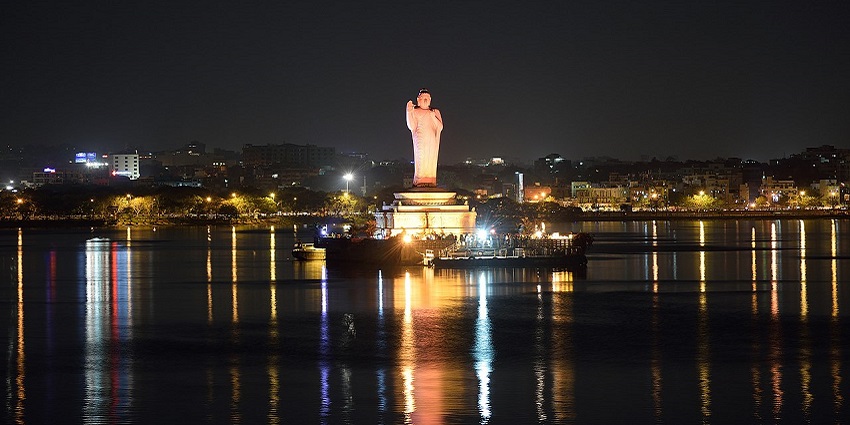 Iconic statue of Buddha in the Hussain Sagar lake which is situated around the museum