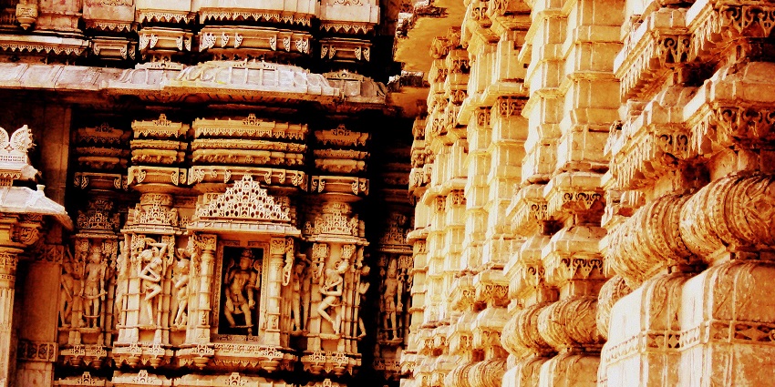 Close up view of the detailed carving on the walls of the temple