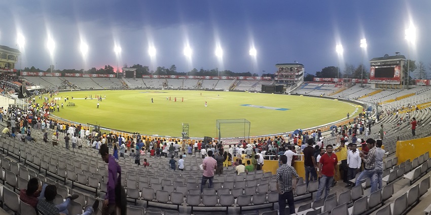 Top view of I.S.Bindra stadium with bright lights highlighting the glory of cricket, one of the best places to visit in Mohali.