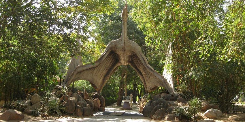 Entryway to Indroda Nature Park, featuring a welcoming sign and lush green surroundings.
