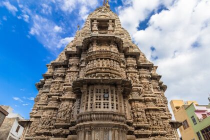 A front view of the iconic spiritual hub of Rajasthan showcasing intricate architecture.