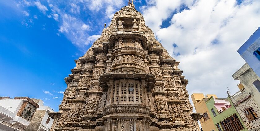 A front view of the iconic spiritual hub of Rajasthan showcasing intricate architecture.