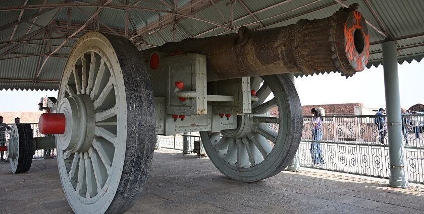 The view of Jaigarh Fort Cannon inside the fort, a historic landmark of Rajasthan