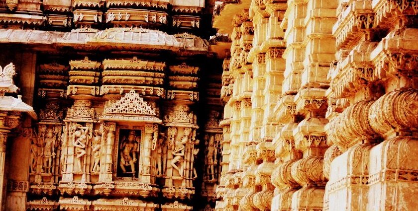 The wall carving at Hathee Singh Jain Temple in Ahmedabad.