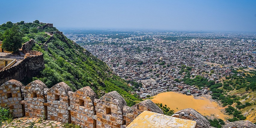 Aerial view of Jaipur's cityscape, showcasing its UNESCO World Heritage architecture.