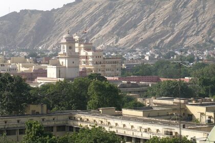 Panoramic view of Jaipur, displaying the city's skyline with historic and modern buildings.