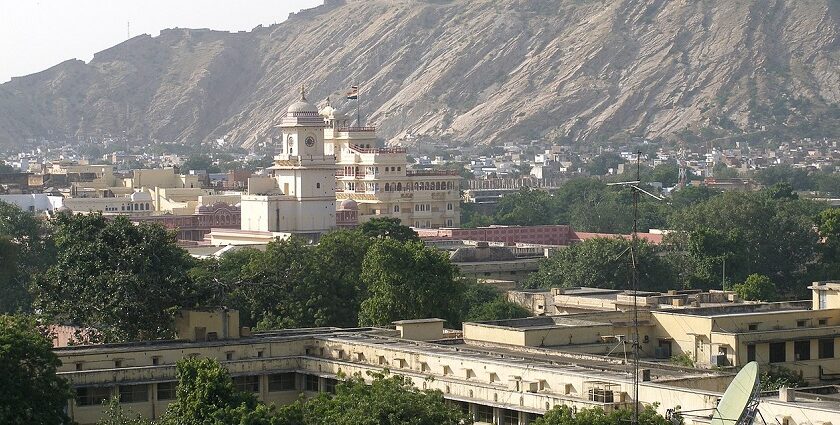 Panoramic view of Jaipur, displaying the city's skyline with historic and modern buildings.