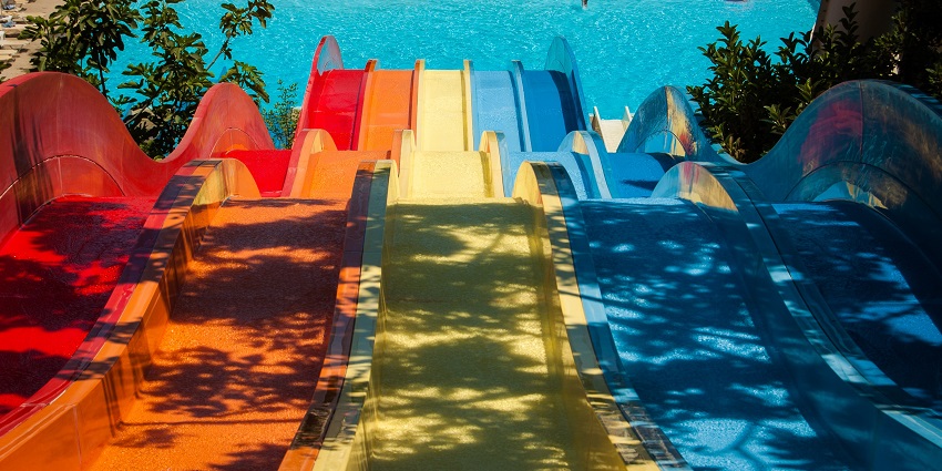 The water park includes huge water slides.