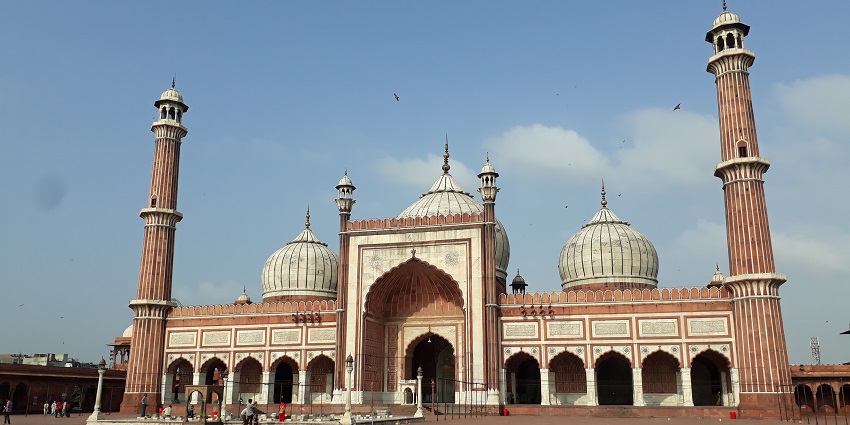 A mosque in Delhi located near the Feroz Shah Kotla Fort with a bunch of pigeons in the frame