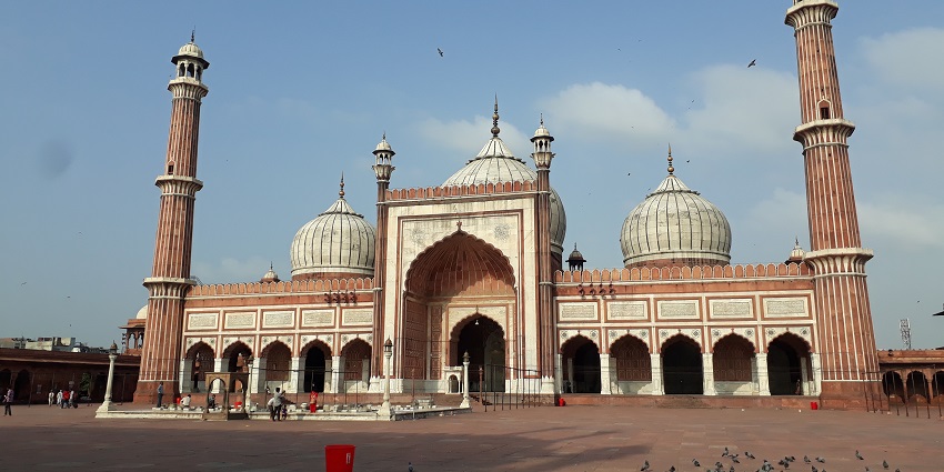 A picture of a famous mosque in Delhi located near the Red Fort with a bunch of pigeons in the frame