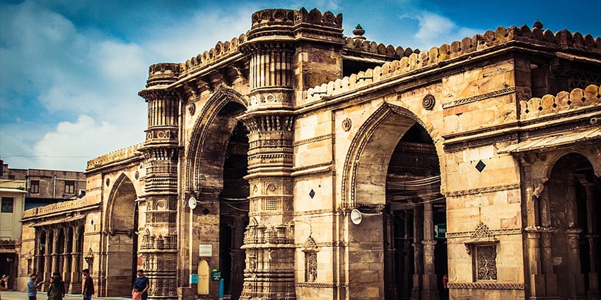 A panoramic view of the beautiful Jama Masjid in Gujarat with its towering domes