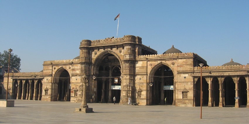 A panoramic view of the Jami Masjid, a famous mosque in Gujarat with elaborate carvings