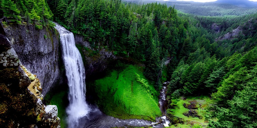 A fascinating view of a free flowing waterfall surrounded by lush green meadows.